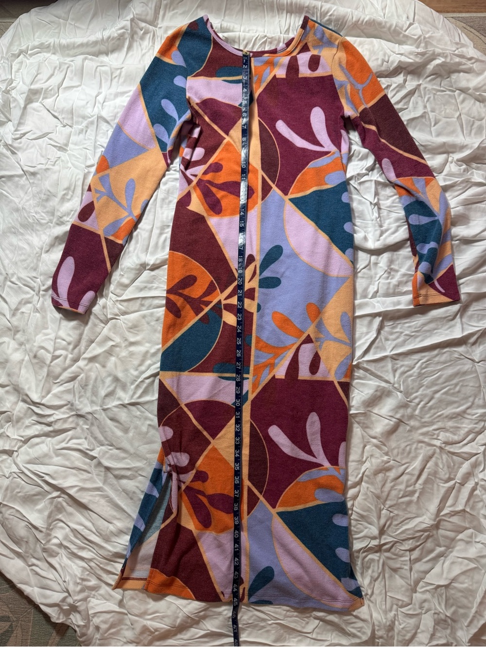 Long Sleeve Geometric Print Midi Dress in Burgundy & Orange